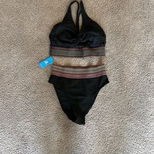 Black Halter Swimsuit with Multicolor Stripes- New with Tags- never worn